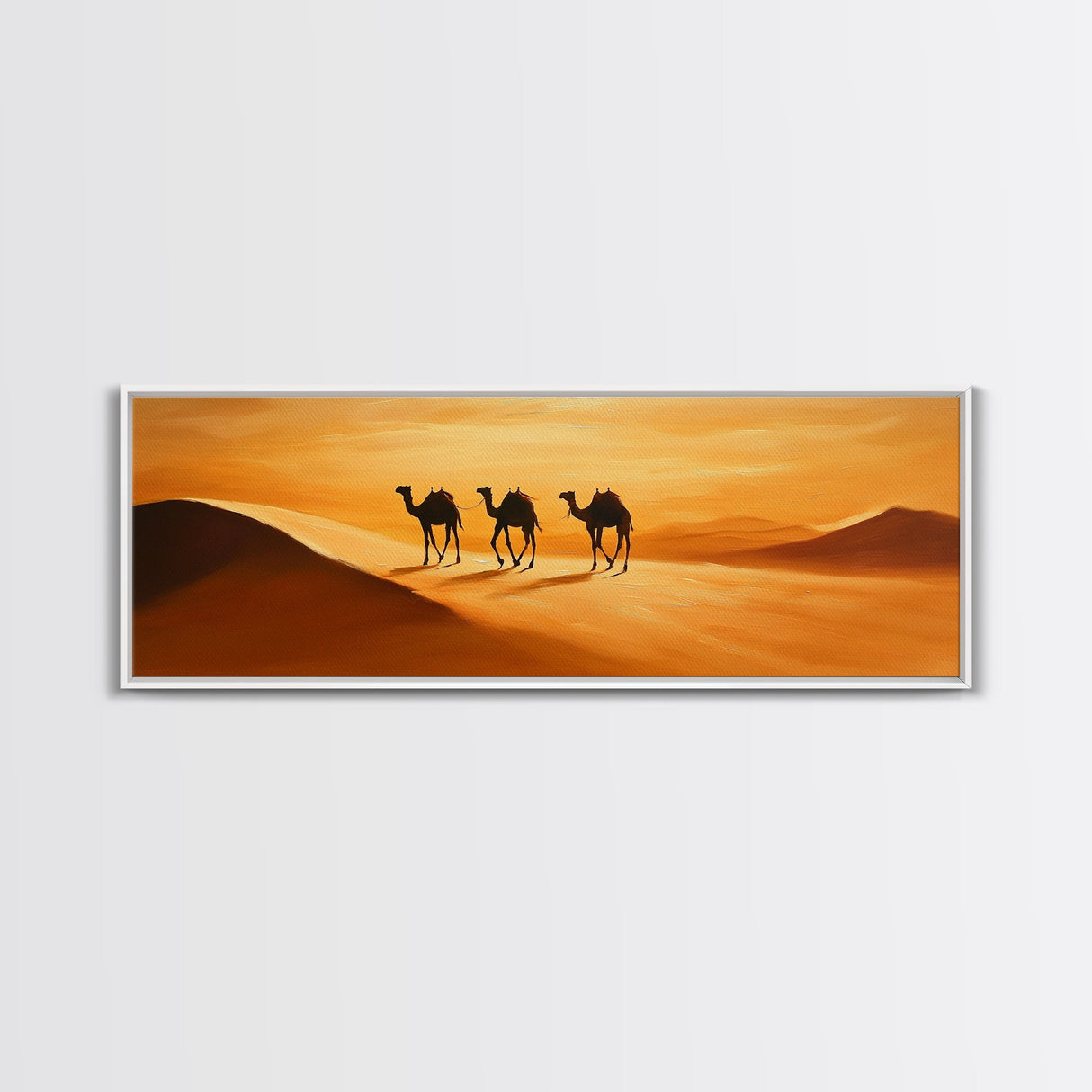 Camels in the desert Framed Canvas Print, Desert Painting, Desert Wall Art, Southwestern Decor, Minimalist Decor, Orange Hues Art