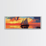 Pirate Ship at Sunset Framed Canvas Print - Panoramic Wall Art - Sailboat Painting - Sail Boat Art - Nautical Decor - Lake House Art