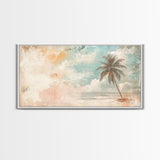 Distressed Painting Print of a Lone Palm Tree on a Beach, Framed Canvas Print, Retro Nautical Landscape Painting, Beach Wall Art, Beach Print