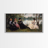 Victorian Women Having a Summer Party on the River, Framed Canvas Print, Victorian Summr Day Oil Painting Print, Whimsical Wall Art