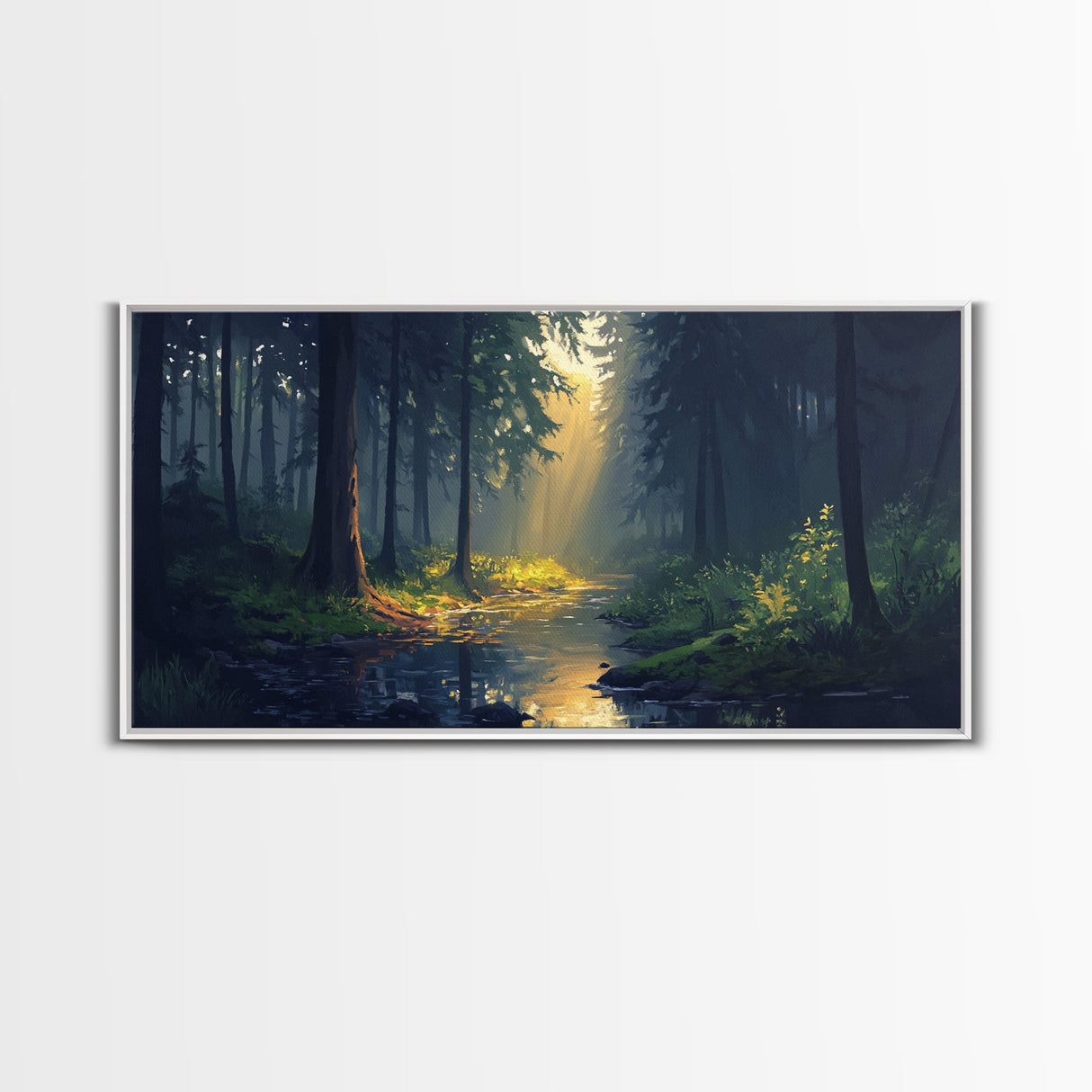 Sun Shines Through The Forest Trees, Framed Canvas Print, Fantasy Landscape Painting, Forest Landscape Oil Painting Print, Living Room Decor