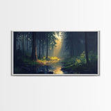 Sun Shines Through The Forest Trees, Framed Canvas Print, Fantasy Landscape Painting, Forest Landscape Oil Painting Print, Living Room Decor