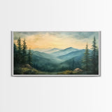 Minimalist Watercolor Painting Print of The Blue Ridge Mountains, Framed Canvas Print, Modern Landscape Painting