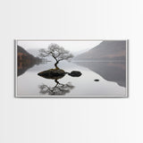 Lone Bonzai Tree On an Island Framed Canvas Print - Ready To Hang Wall Art - Wabi Sabi Landscape Painting - Japanese Style Wall Art