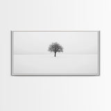 Footprints In the Snow Lead To a Lone Dead Tree - Framed Canvas Print - Ready To Hang Art - Moody Wall Art - Black and White Photography Print