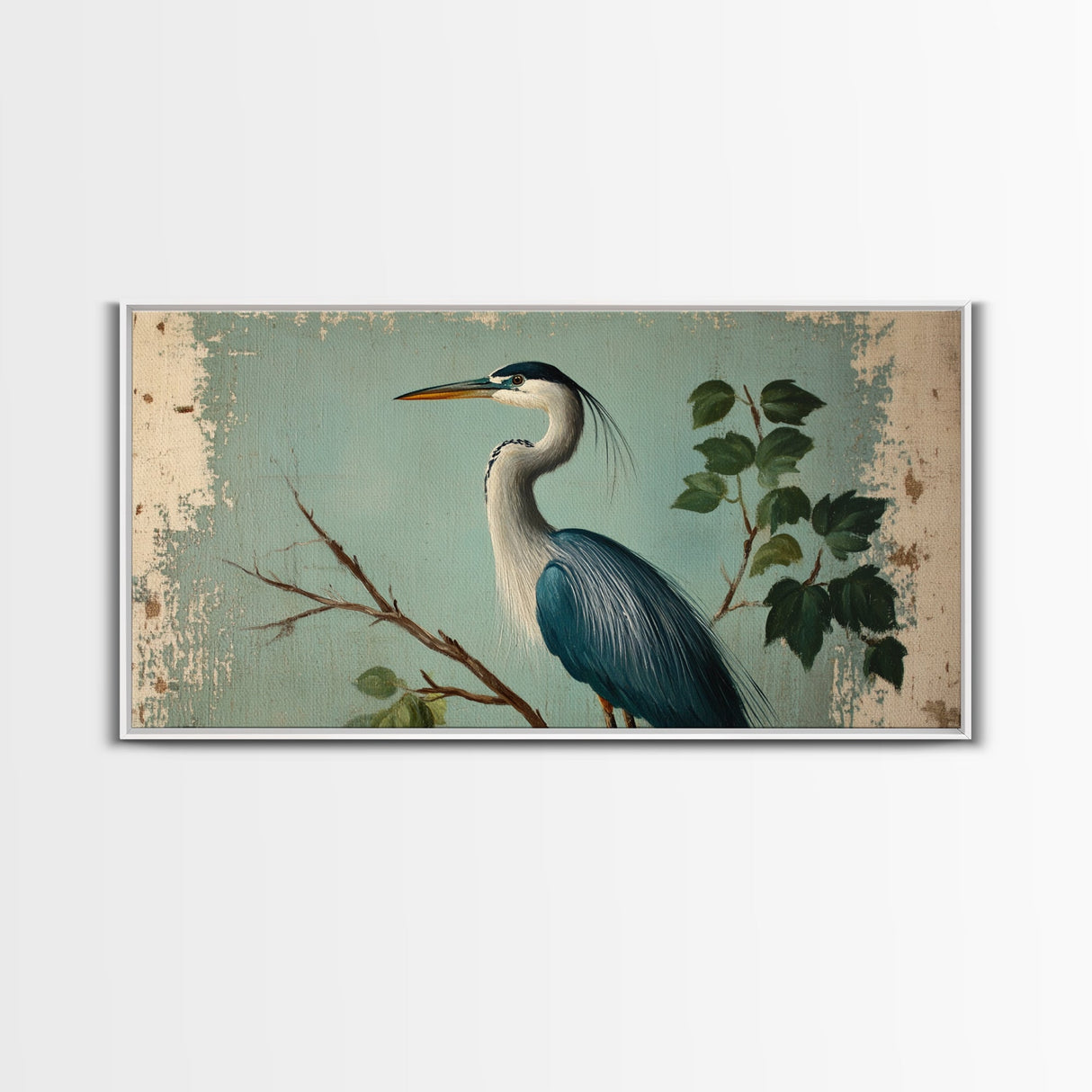 Funky Painting Print of a Blue Heron, Framed Canvas Print, Ready To Hang Wall Art, Great Blue Heron, Extra Large Bird Picture Painting