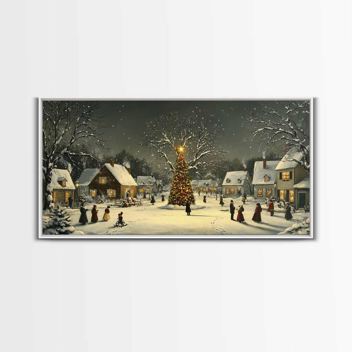 Festive Christmas Village Wall Art Framed Canvas Print, Festive Christmas Street Scene, Cozy Christmas Wall Art, Ready To Hang Xmas Decor