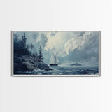 Pirate Ship Off The Coast, Framed Canvas Print, Wood Framed Art, Nautical Decor, Sailboat Painting