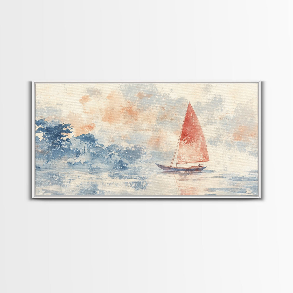 Sailboat sails at Dawn Framed Canvas Print - Nautical Decor - Coastal Decor - Neutral Seascapes Painting - Modern Wall Art