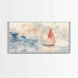 Sailboat sails at Dawn Framed Canvas Print - Nautical Decor - Coastal Decor - Neutral Seascapes Painting - Modern Wall Art