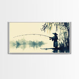 Watercolor Painting Print of a Fisherman - Elegant Japanese Style Artwork - Framed Canvas Print Ready to Hang - Coastal Wall Art - Fishing Gift