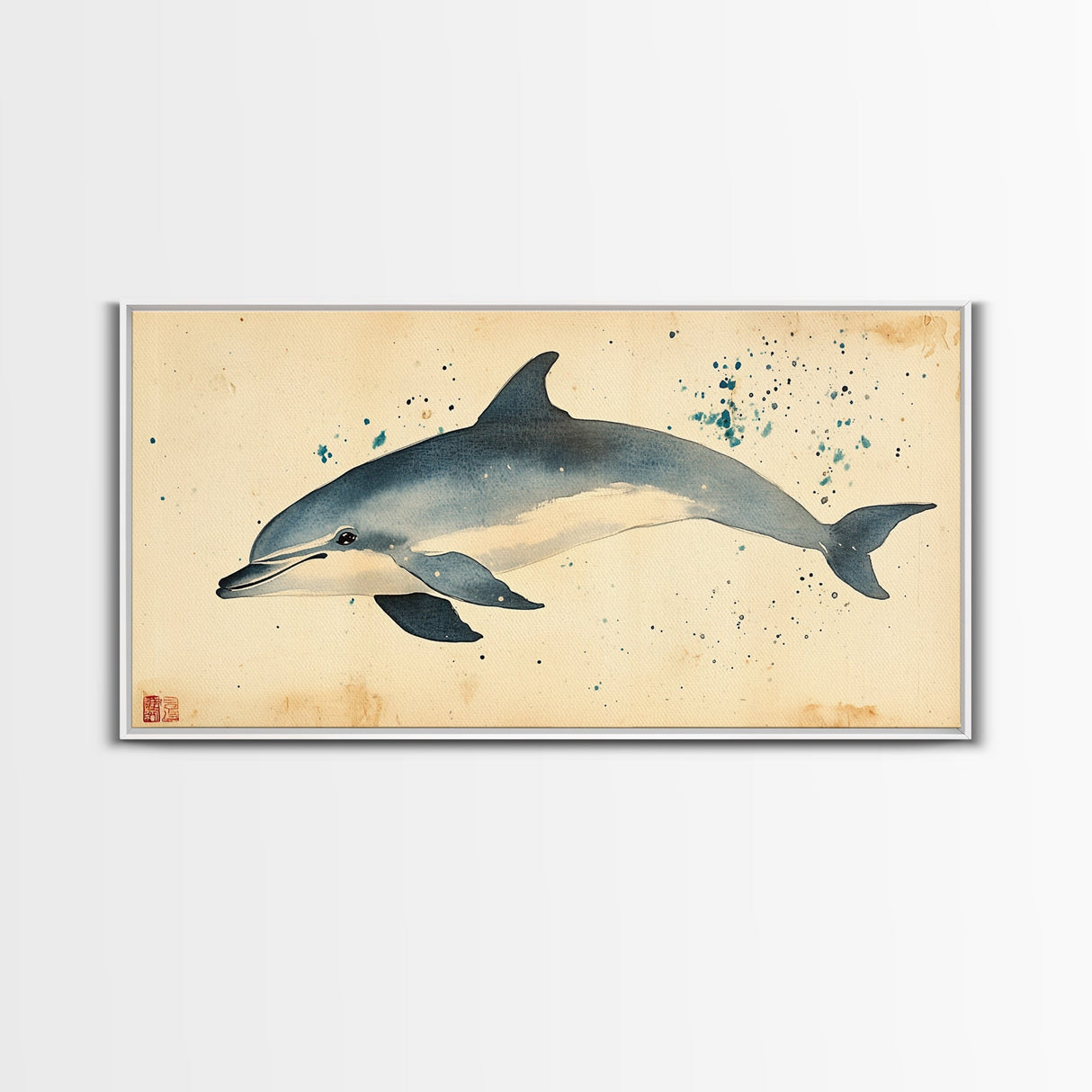 Retro Minimalist Dolphin Painting, Dolphin Home Decor, Framed Canvas Print, Nautical Decor, Elegan Japanese Style Artwork, Wabi Sabi Art