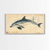 Retro Minimalist Dolphin Painting, Dolphin Home Decor, Framed Canvas Print, Nautical Decor, Elegan Japanese Style Artwork, Wabi Sabi Art