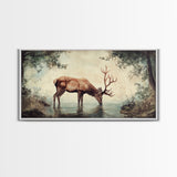 Elk Drinking Water In The Forest, Framed Canvas Print, Nature Art, Rustic Cabin Decor, Modern Farmhouse Wall Art