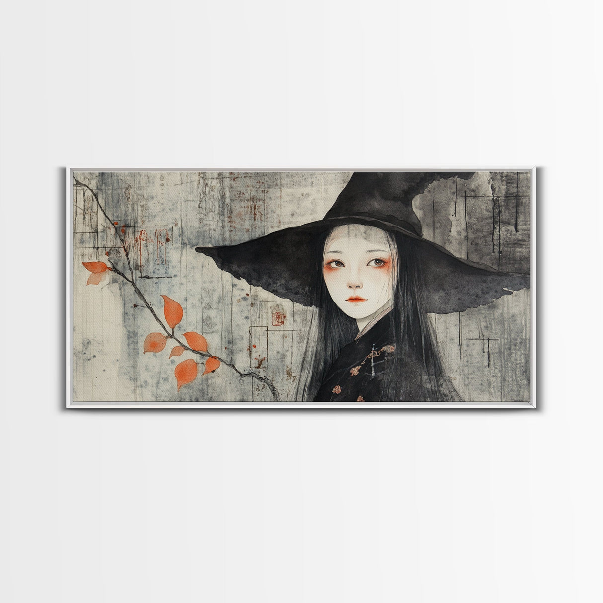 Wabi Sabi Japanese Witch Portrait - Framed Canvas Print - Wood Framed Art - Japanese Style Witchy Wall Art
