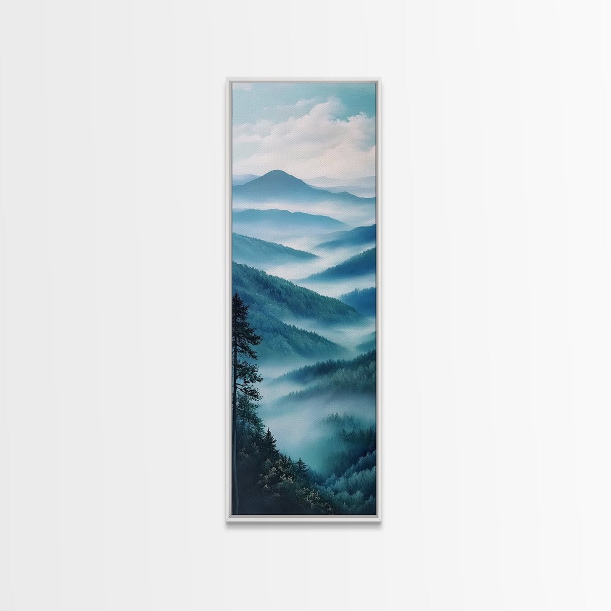 Smoky Mountain View Framed Canvas Print Serene Nature Landscape Art, Southwest Wall Art, Blue and Green Wall Art, Bedroom Art, Above Couch Decor