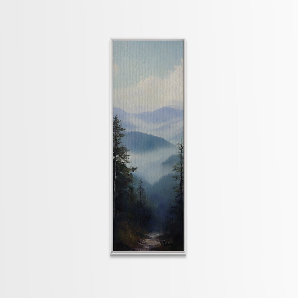 Misty Mountain Fog Framed Canvas Print Peaceful Nature Landscape Painting, Smoky Mountain Art, Above Bed Wall Art, Blue and Green Wall Art, Guest Room Art