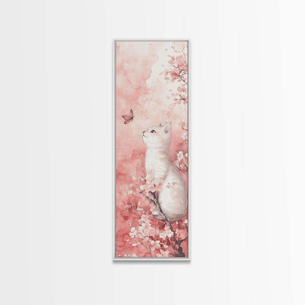White Cat and Butterfly Canvas Print Light Pink Wall Art Cherry Blossom Painting Whimsical Art Bedroom Decor Gift Idea