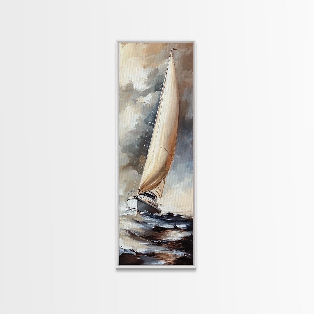 Sailboat painting nautical decor framed canvas print, classic coastal wall art, sailing scene with ocean waves, above bed living room art