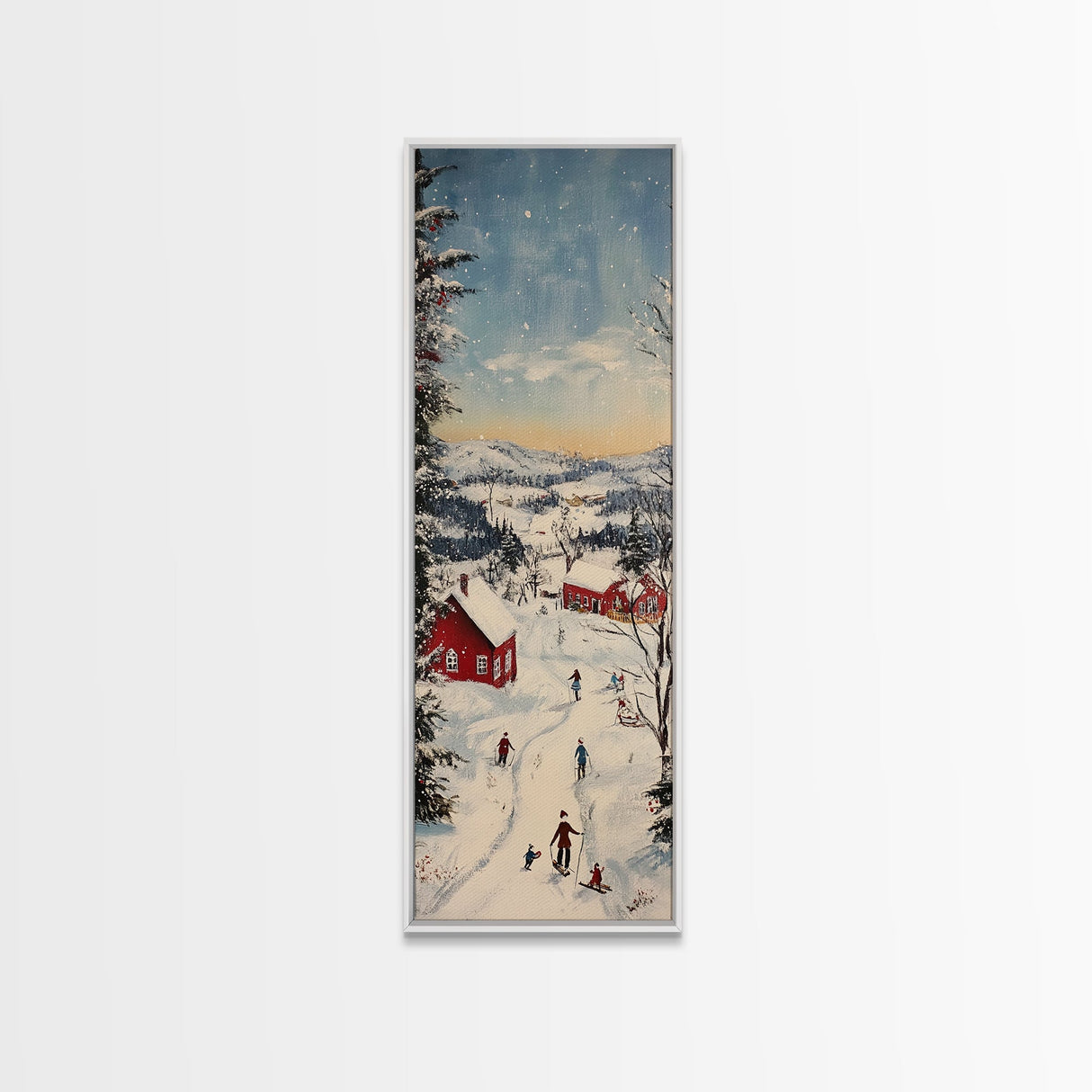 Snowy village painting peaceful Christmas scene framed canvas print, winter wonderland town, cozy holiday decor wall art gift idea