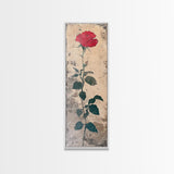 Red Rose Art Print Canvas Print, Japanese Inspired Rose Painting, Long Narrow Wall Art, Tall Skinny Art, Framed Canvas Print, Boho Wall Art