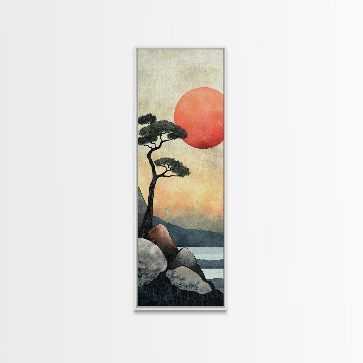 Japanese Landscape with Sunset Canvas Print, Red Sun Over Mountains, Minimalist Nature Art, Coastal Wall Art, Framed Canvas Print, Boho Decor