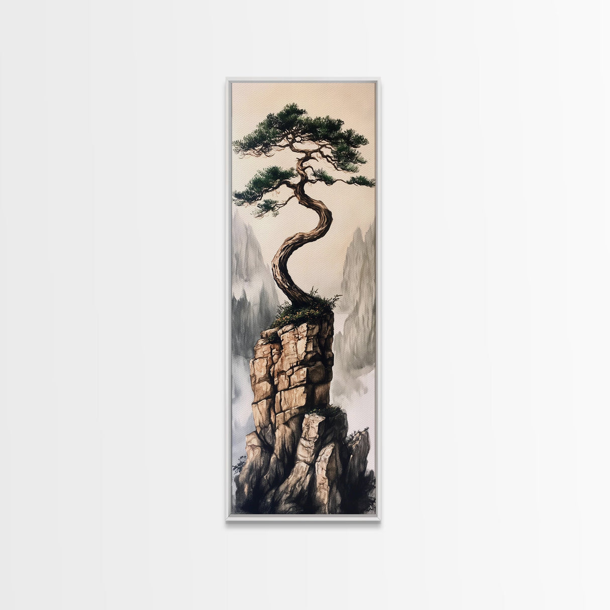 Framed Canvas Print Wabi Sabi Art Coastal Landscape Nautical Wall Art Pine Tree Artwork Living Room Decor Above Couch Art Serenity Gift