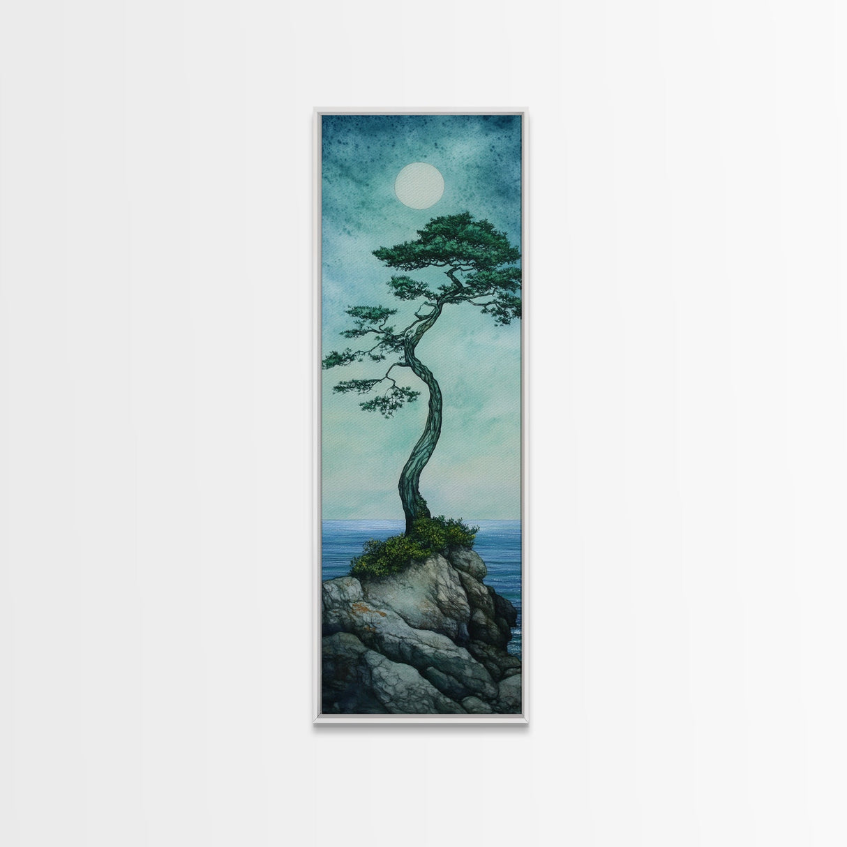 Framed Canvas Print Nautical Decor Moon Oil Painting Calm Blue Tones Above Bed Wall Art Nautical Art Coastal Decor Bedroom Wall Accent