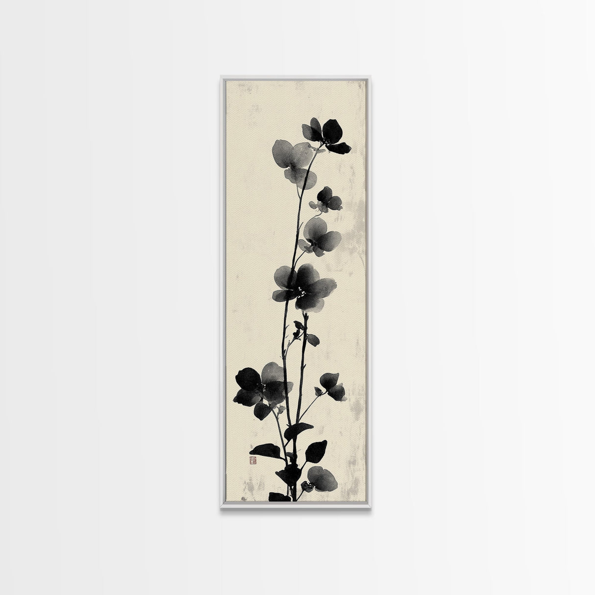 Framed Canvas Print Cherry Blossom Painting Black and White Floral Art, Wabi Sabi Decor, Japanese-Inspired Wall Art, Skinny Canvas Gift