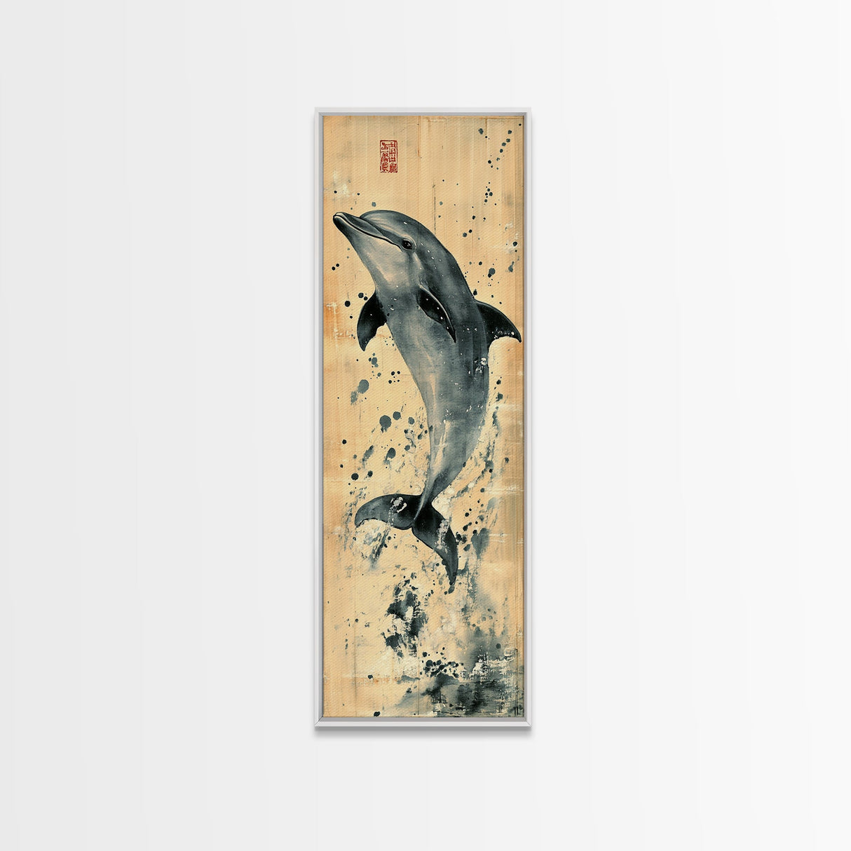 Framed Canvas Print Rustic Dolphin Art Coastal Decor in Nautical Theme, Minimalist Coastal Wall Art, Beach Living Room or Guest Room Decor