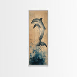 Framed Canvas Print Blue Dolphin Painting Coastal Nautical Wall Art, Beach-Inspired Above Bed Art, Boho Coastal Living Room Decor, Gift Him