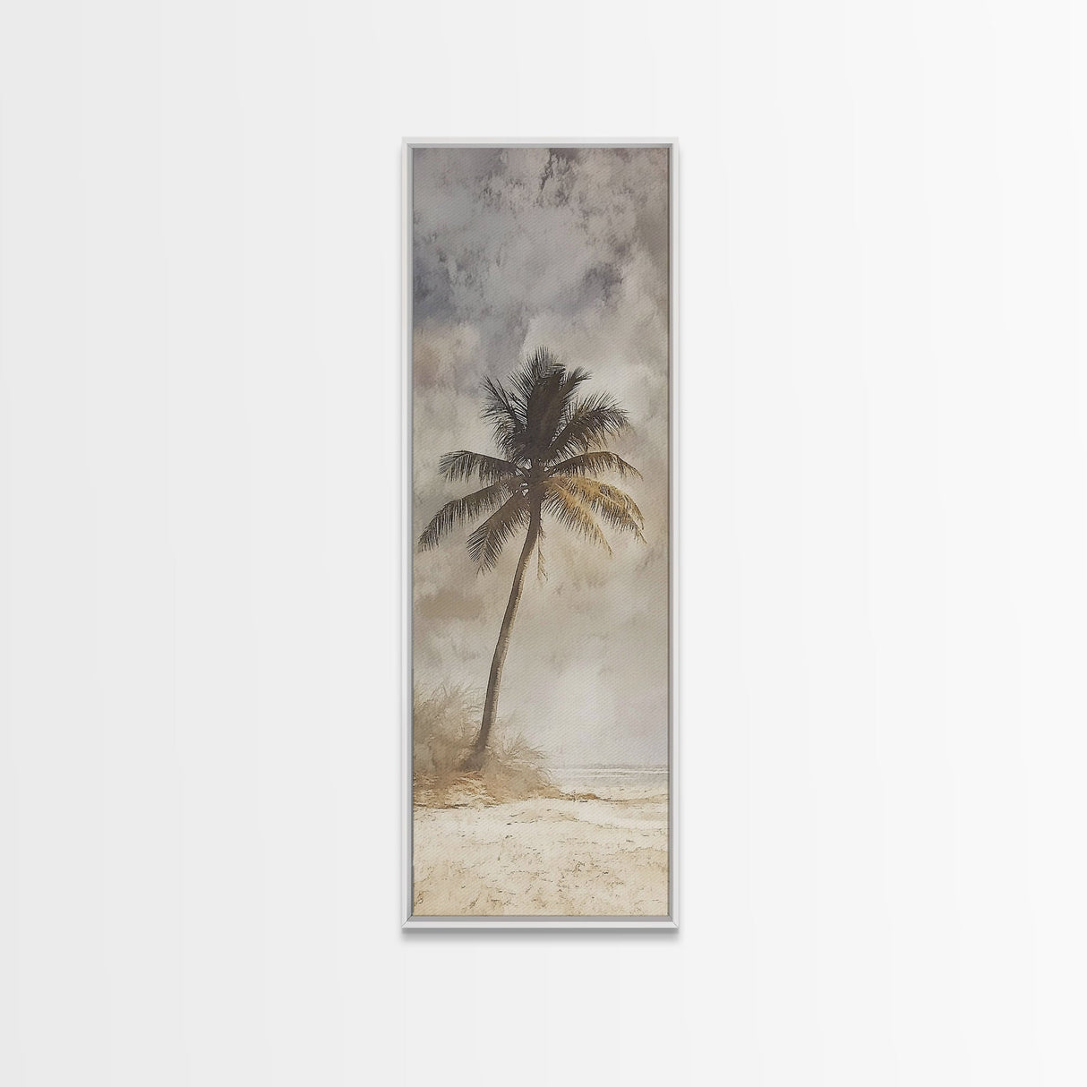 Framed Canvas Print Moody Palm Tree Painting, Coastal Landscape Art, Wabi Sabi Art, Above Sofa Wall Decor, Rustic Beach Scene Print