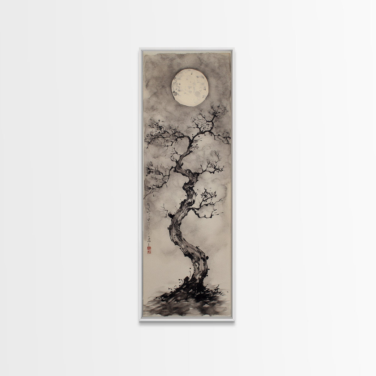 Canvas Print Moon and Tree Painting, Mystical Wabi Sabi Wall Art, Japanese-Inspired Rustic Decor, Above Bed Wall Art Gift Him