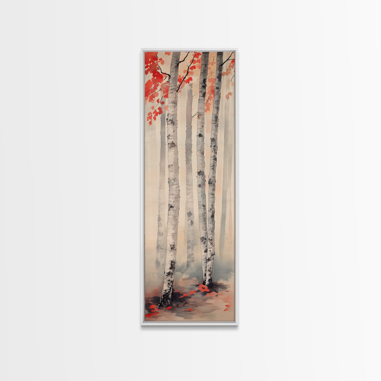 Birch Trees and Red Leaves Framed Canvas Print – Fall Vibes, Rustic Wall Art, Birch Tree Art, Cozy Autumn Theme, Living Room Art, Above Couch Decor