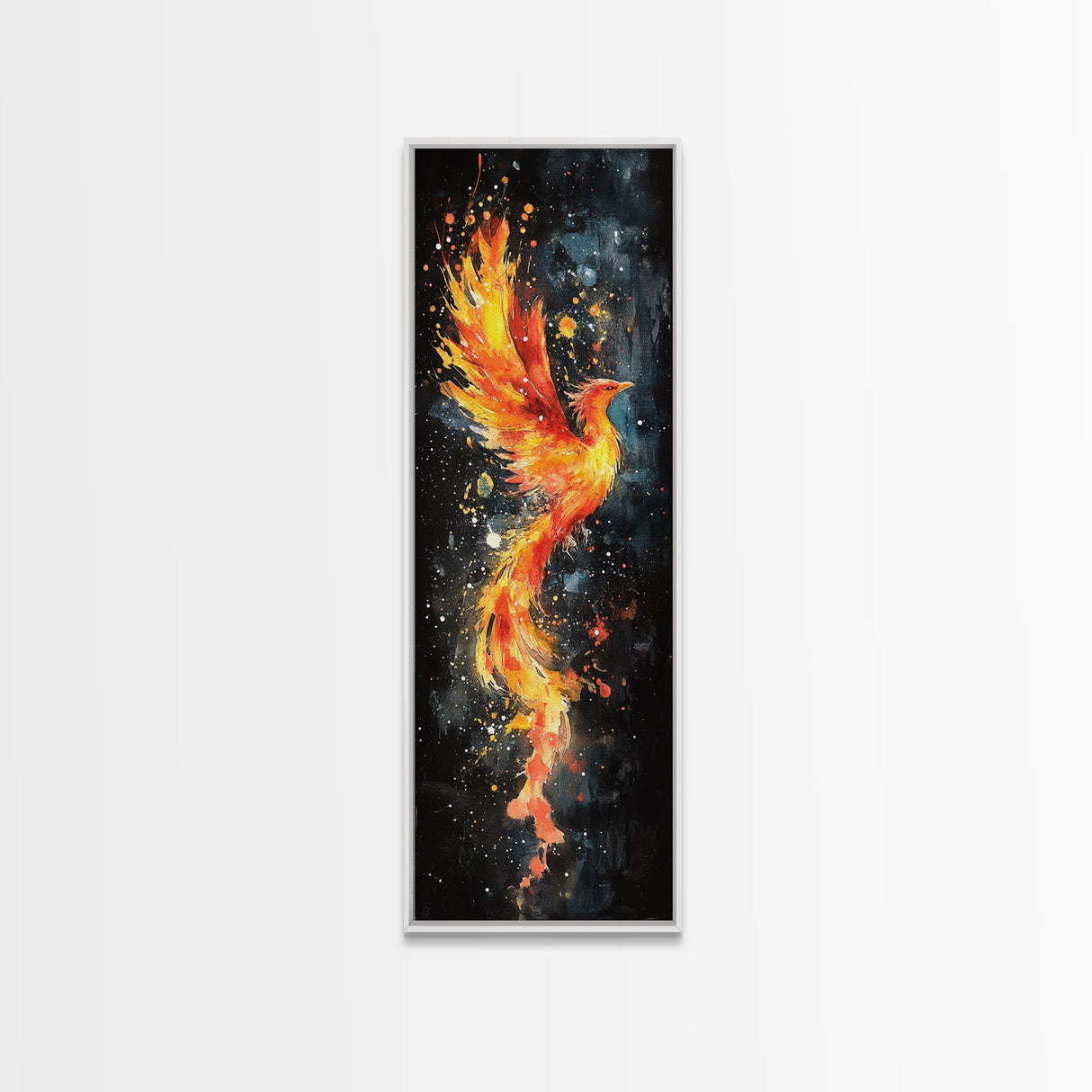 Flaming Phoenix Illustration Canvas Print, Tall Skinny Art for Bedroom Decor, Mythical Creature Wall Art with Framed Option, Space Art