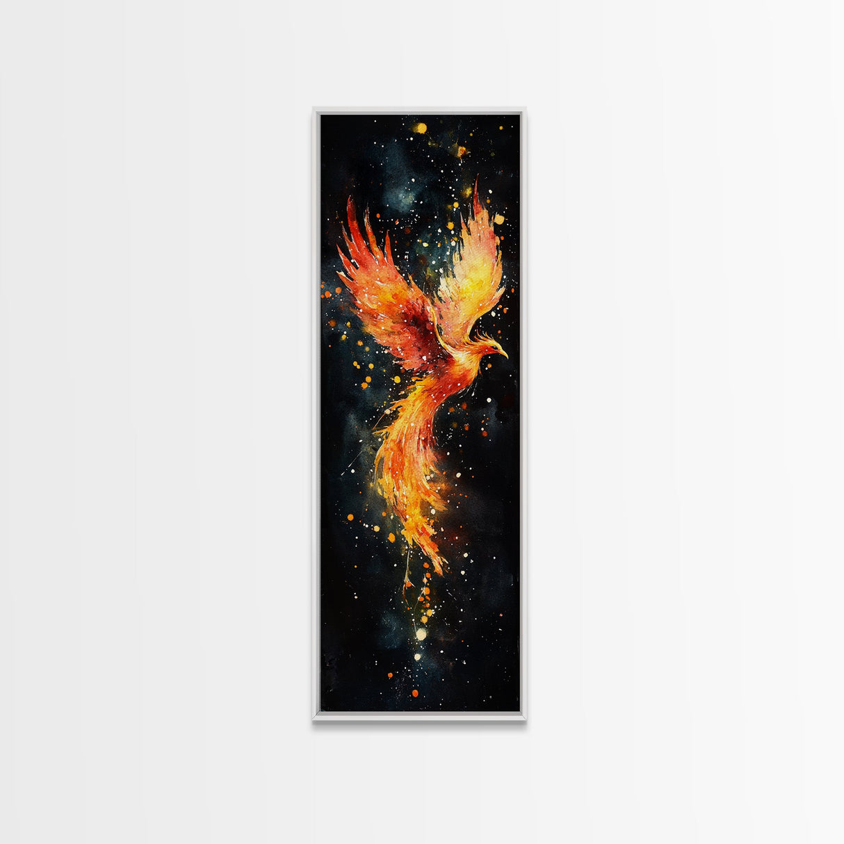 Radiant Phoenix in Flight Canvas Print, Framed Tall Wall Art, Unique Living Room Decor, Firebird Painting for Spiritual Art Lovers