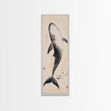 Minimalist Whale Ink Art Depicting Graceful Humpback Whale – Elegant Black and White Framed Canvas Print for Nautical or Coastal Decor