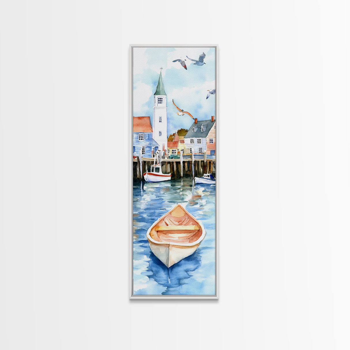 Tranquil Coastal Village with Seagulls Painting - Canvas Print for Nautical Wall Art, Coastal Scene Decor, Ocean-Inspired Art, Harbor Home Decor