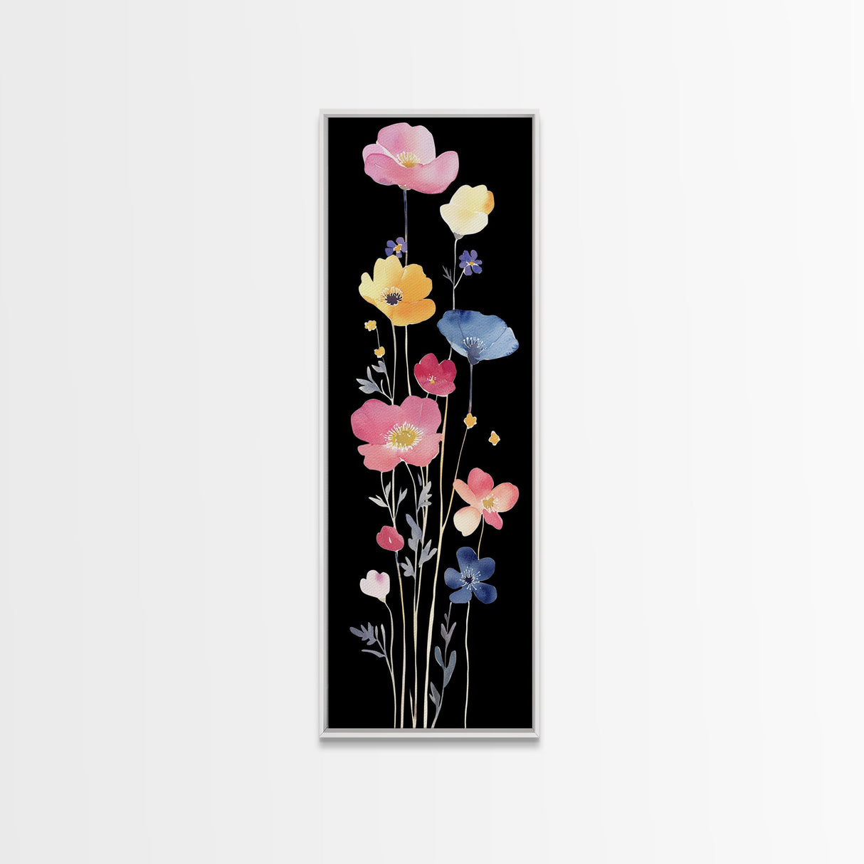 Vibrant Wildflower Watercolor Art - Framed Canvas Print with Black Background Featuring Colorful Poppy and Floral Scene