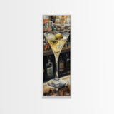 Realistic Martini Glass with Olives, Classic Cocktail Art, Bar Scene Canvas Print, Retro Kitchen Decor, Olive Martini Painting