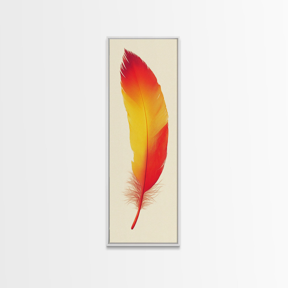 Red and Orange Feather Painting Print - Boho Wall Art - Framed Canvas Print - Tall Skinny Art - Minimalist Home Decor - Rustic Decor