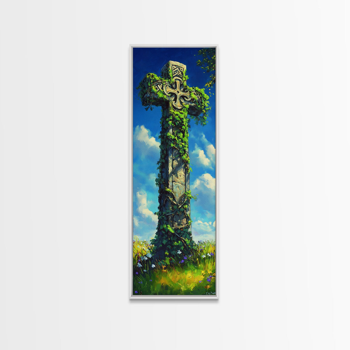 Oil Painting Print of a Celtic Cross, Irish Wall Art, Tall Narrow Art, Skinny Art, Wall Art For Small Spaces, Small Art, Ireland Art, Celtic Cross Art