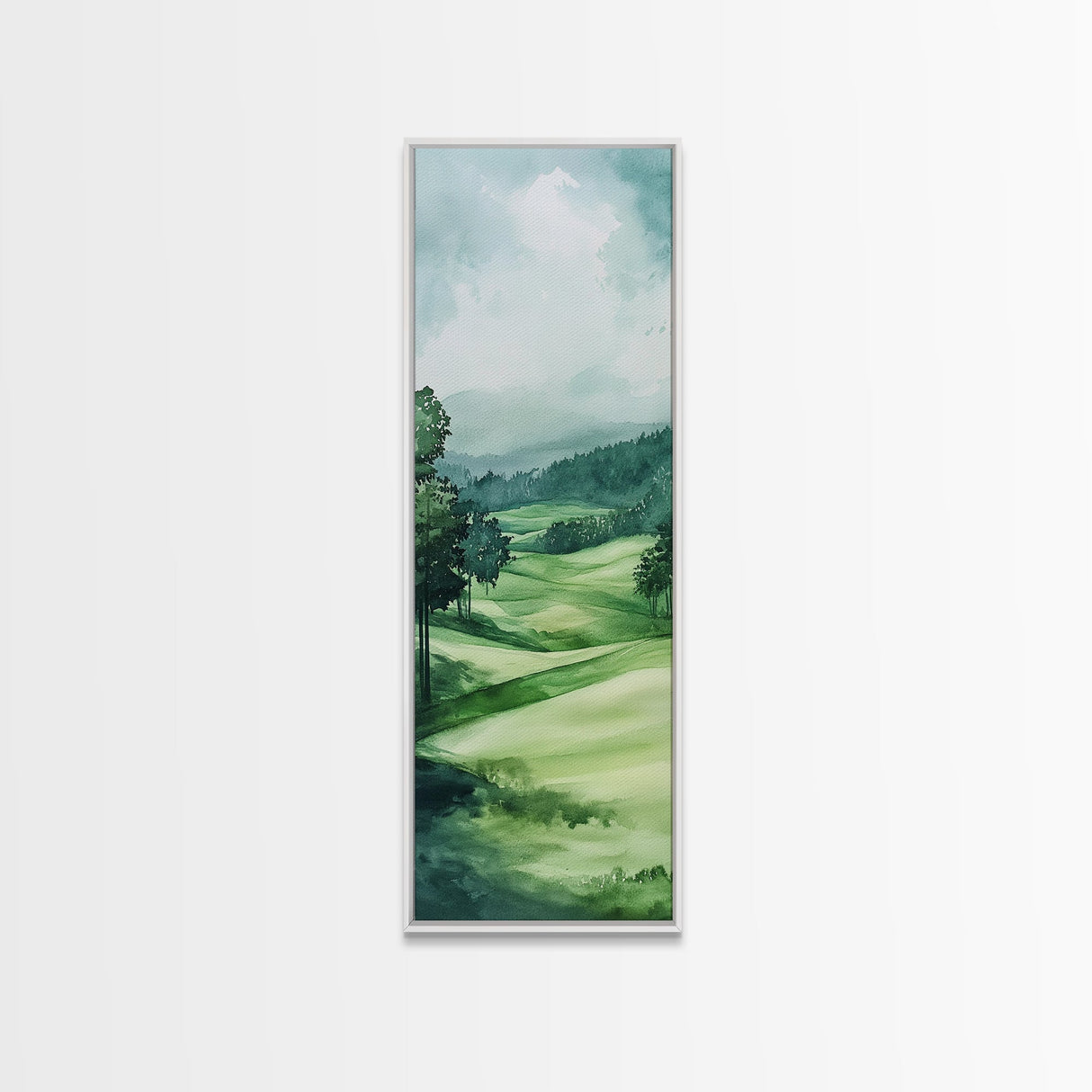 Watercolor Mountain Art Canvas Print Rustic Landscape Art Above Bed Wall Art Extra Wide Art Vertical Wall Art Green Wall Art Gift