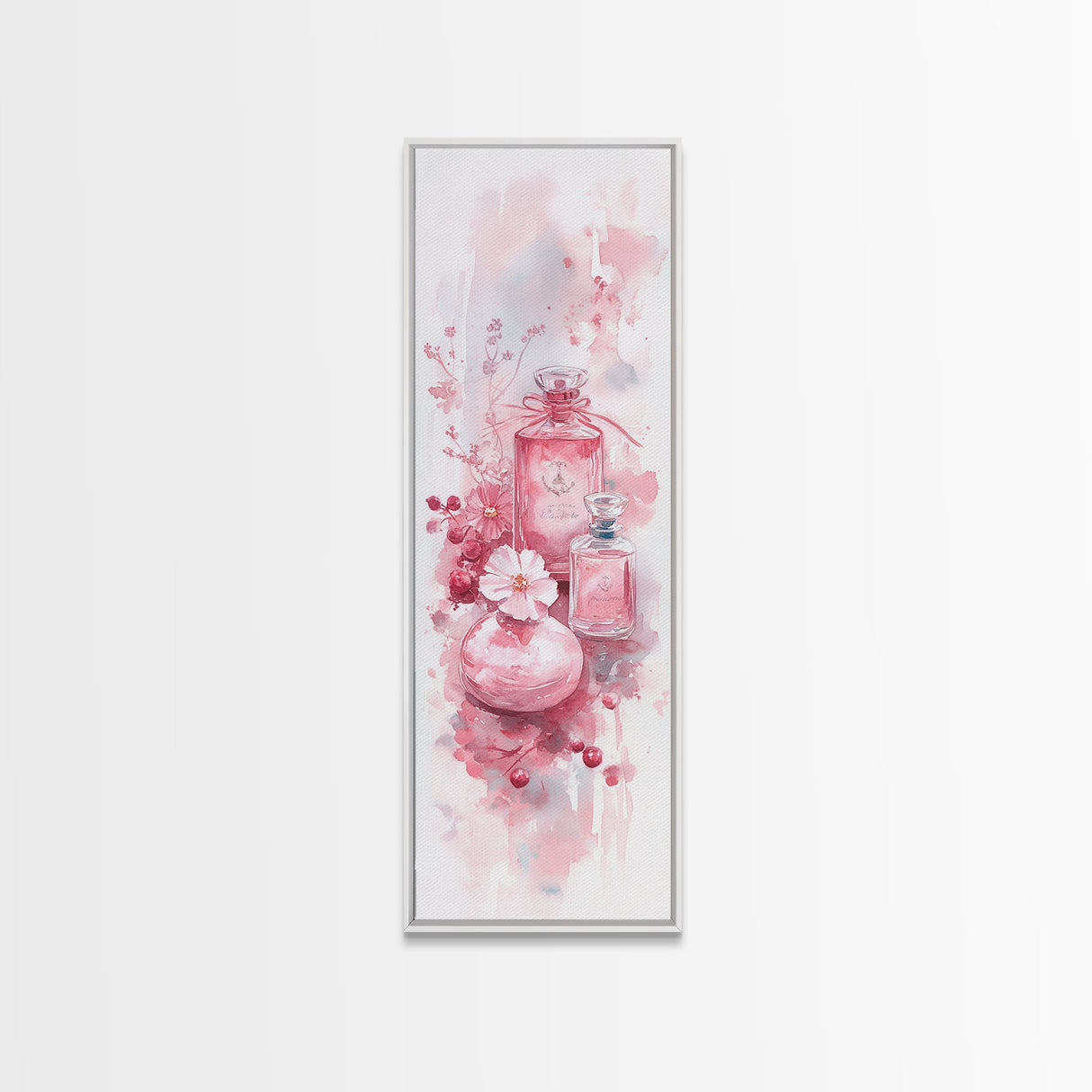 Elegant Perfume Bottles Framed Canvas Print Pink Abstract Art Wabi Sabi Decor Light Pink Bedroom Artwork Feminine Minimalist Wall Art