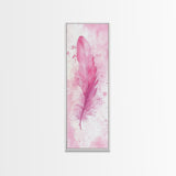 Pink Feather Artwork Framed Canvas Print, Vertical Whimsical Art Light Pink Decor, Boho Minimalist Gift Bedroom and Dorm Wall Art