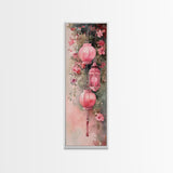 Lantern Glow Canvas Print, whimsical Moroccan wall art with light pink tones and floral accents, tall skinny vertical wall art piece.