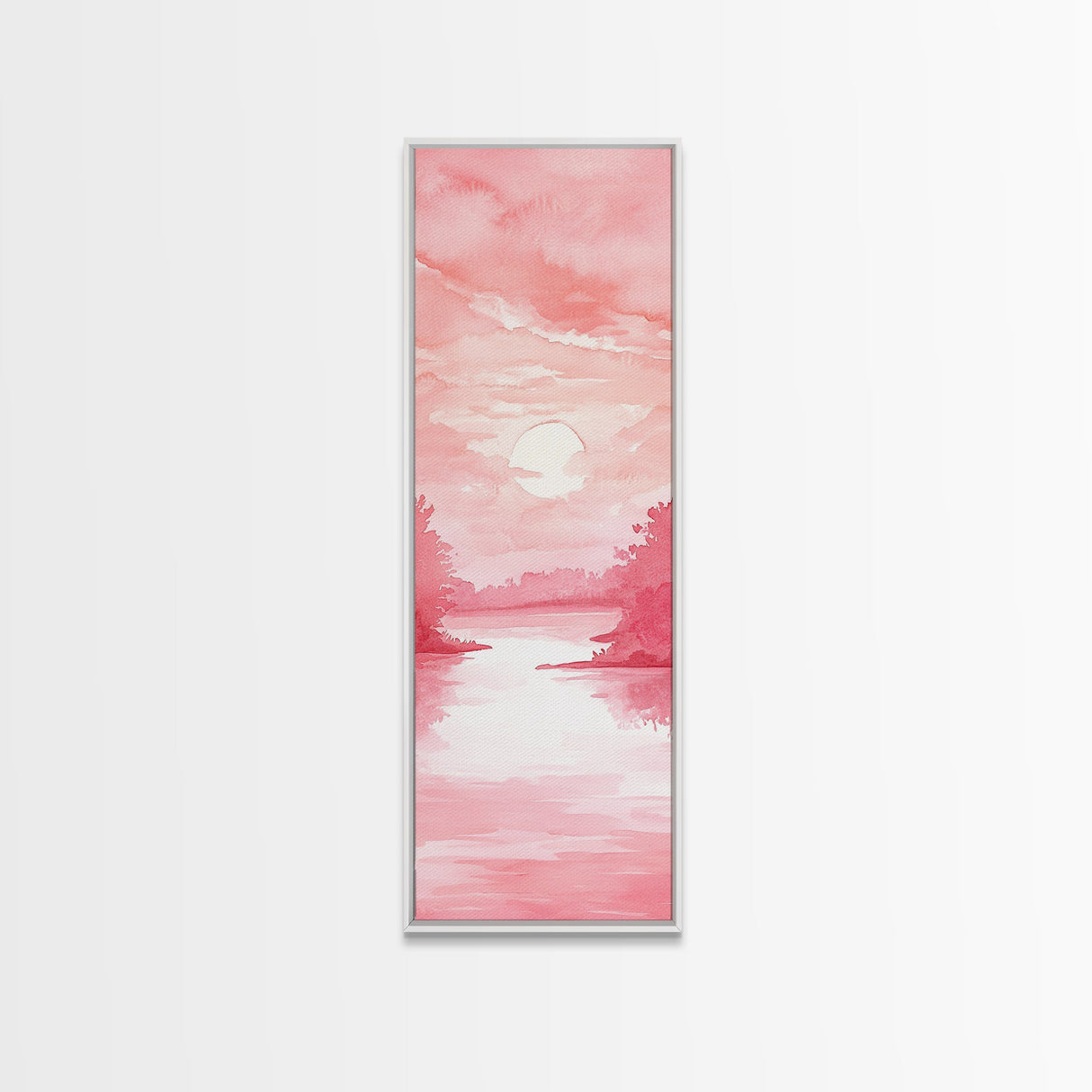 Serene Sunset Landscape Painting Framed Canvas Print with Light Pink Tones for Calm Living Room Art or Above Sofa Wall Decoration