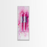 Pink Lipstick Duo Canvas Print, Whimsical Minimalist Vertical Wall Art, Light Pink Cosmetic Art, Gift Idea, Bedroom Skinny Artwork