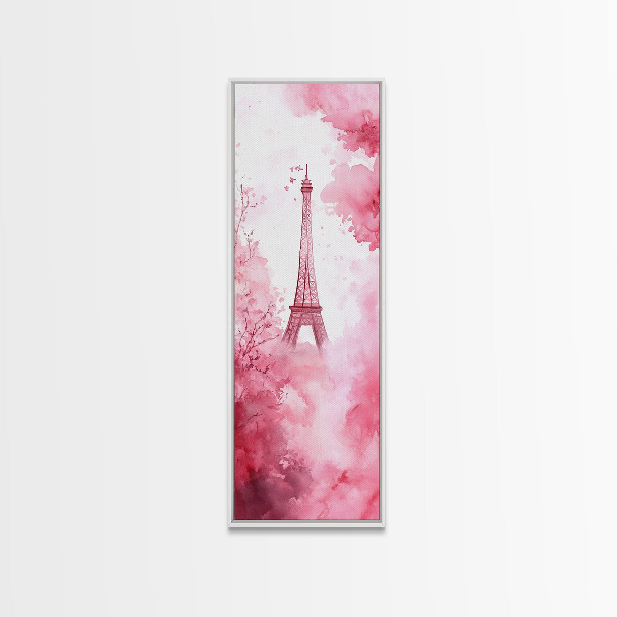 Eiffel Tower Painting Framed Canvas Print Romantic Parisian Wall Art Light Pink Decor Vertical Artwork Whimsical Home Accent Art