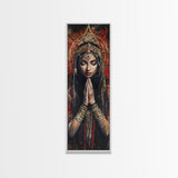 Goddess Prayer Painting Framed Canvas Print, Kerala Mural Art with Rich Red and Gold, Dark Angels Wall Art for Boho Bedroom Decor